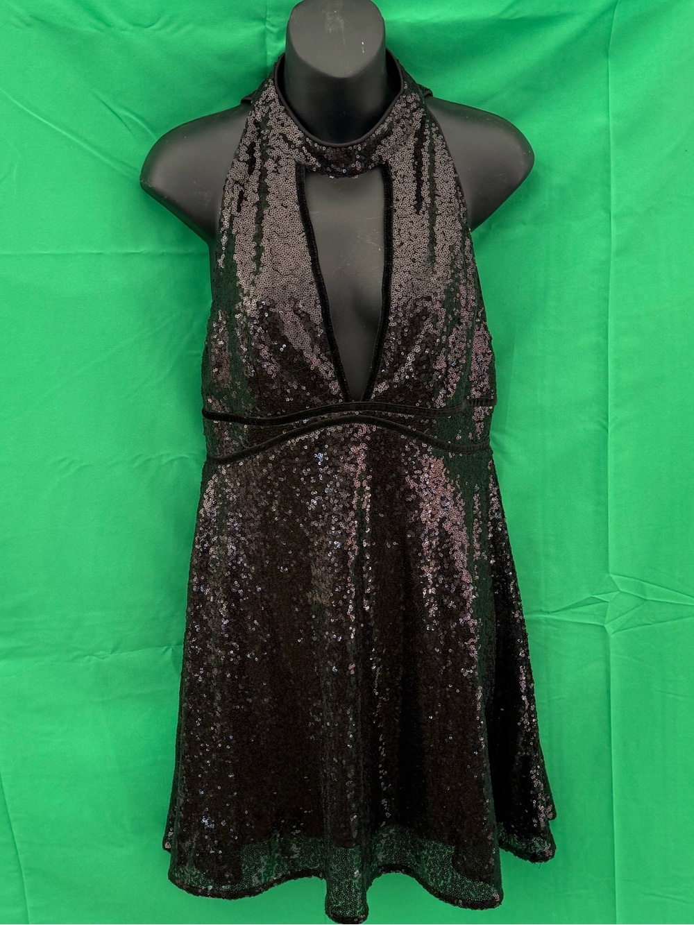 Hyfve Black Sequin Halter Dress Plunge Skater Mini Size M